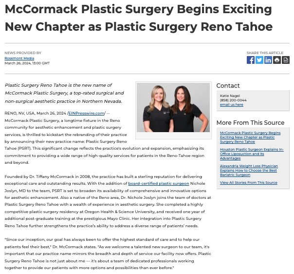 McCormack Plastic Surgery Rebrands Practice Name to Plastic Surgery Reno Tahoe
